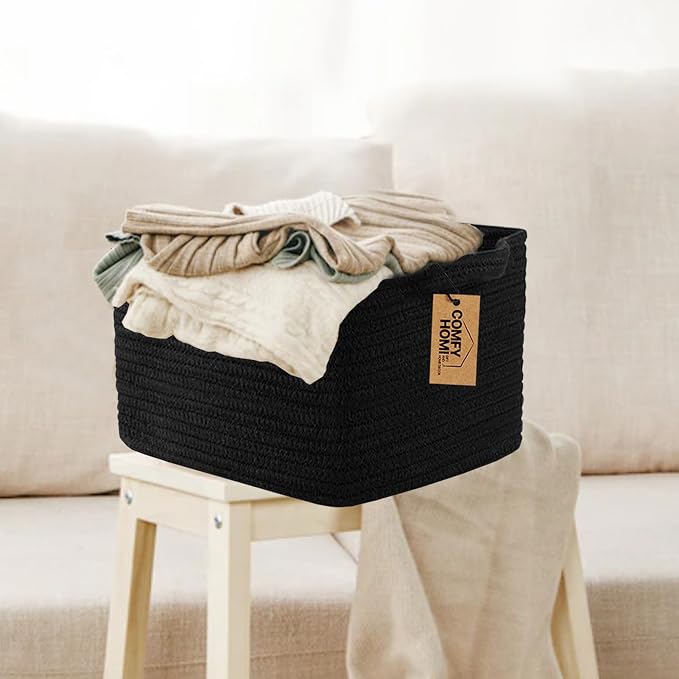 COMFY-HOMI 3PACK Cotton Rope Square Basket with Handles for Shelves| Storage|Baby Basket for GIF|Shoe Basket for Organizing|New13.5" x 11" x 9.5" for Living Room
