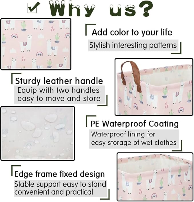 FXOLCSHE Rectangular Pink Alpaca Basket,Collapsible waterproof nursery laundry basket,Toy nursery, kids clothes gift basket with handles,Kids Room Decor(Alpaca)