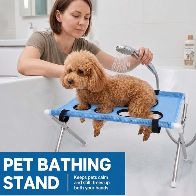 2-in-1 Foldable Pet Grooming Bed, Pet Bathing Stand, Portable Shower Station with Quick-Dry Mesh Sling, Home Nail Trimming Rack to Relieve Back Strain (C)