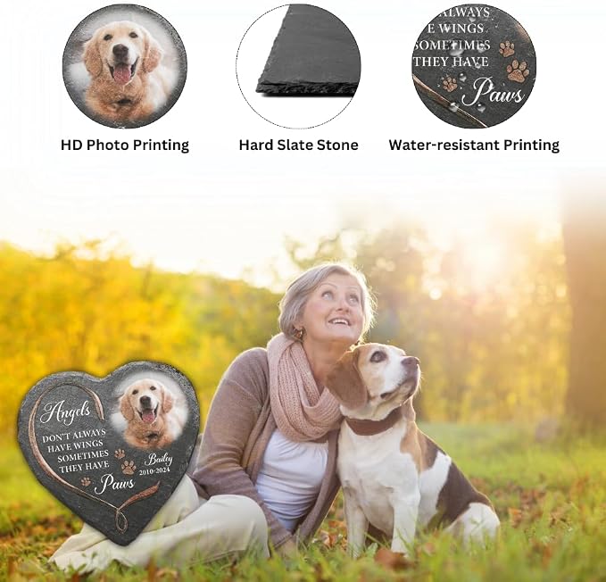 Wrappiness Pet Memorial Stone - Angels Sometimes Have Paws, Personalized Dog Memorial Gifts, Remembrance Condolences Bereavement Gifts for Loss of Pet Custom Photo (Heart 02, Stone)