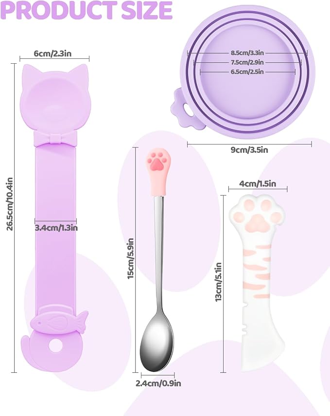 5 PCS Cat Food Can Covers Lids Set, Silicone Pet Food Can Lids with Multi-Function Cat Food Spoon and Opener, Cat Bar Squeezer, Stainless Steel Wet Food Spoon for Cats and Dogs (Purple)