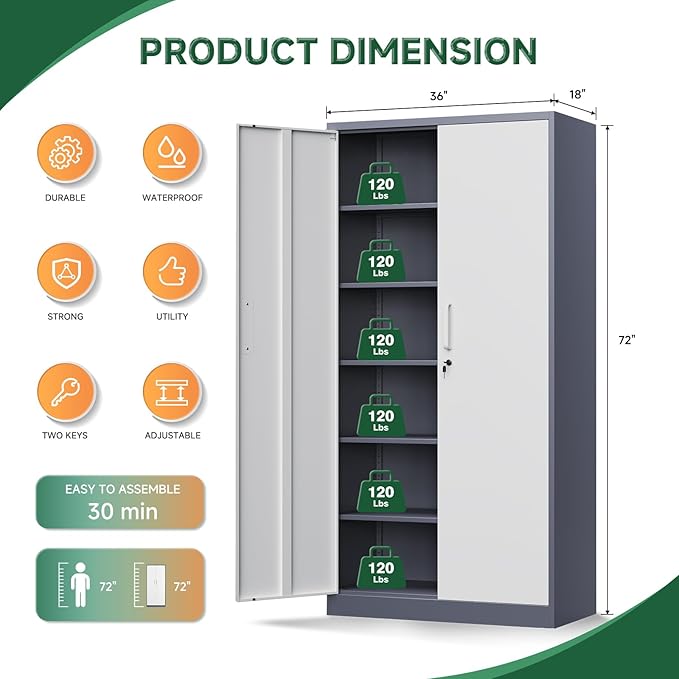 Metal Storage Cabinet with Lock Door and 5 Shelves,6 Tier Steel Garage Tool Cabinet for Home Office Utility Room 72" H X 36" W X18 D (White Gray)