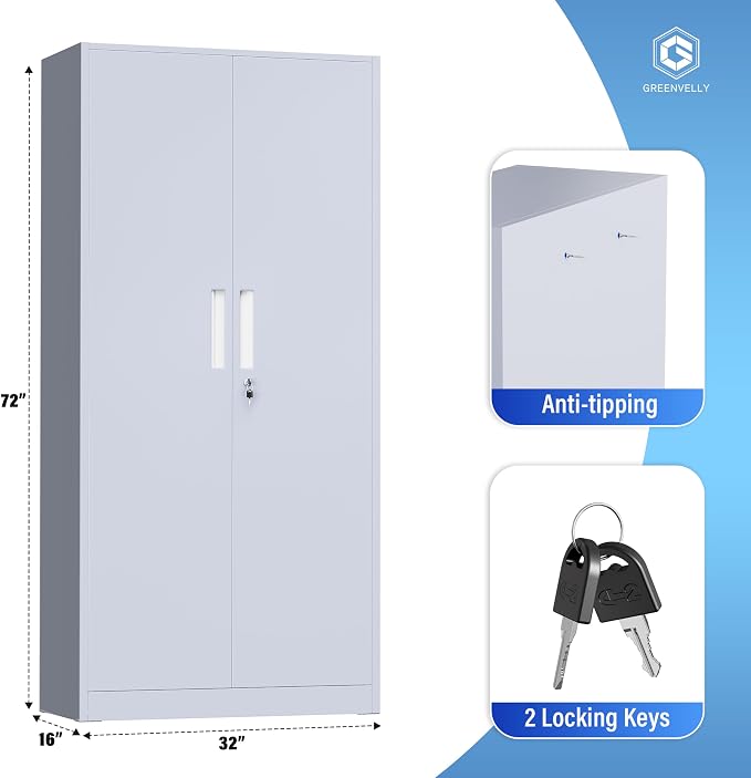 Greenvelly Metal Storage Cabinet, 72" Tall Locking Steel Storage Cabinet with 2 Doors and 4 Adjustable Shelves, Metal File Cabinet for Home Office, Garage, Warehouse, Classroom(Dark Grey)