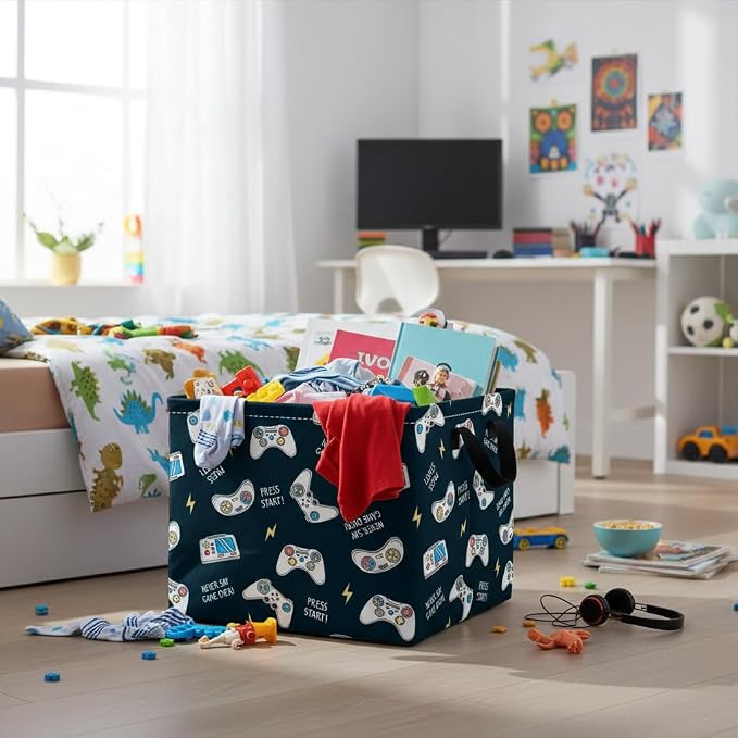 Rectangular Valentines Basket Fabric Storage Bin Storage Boxes Collapsible Storage Basket for Clothes Books Shelves Basket(Blue Game)