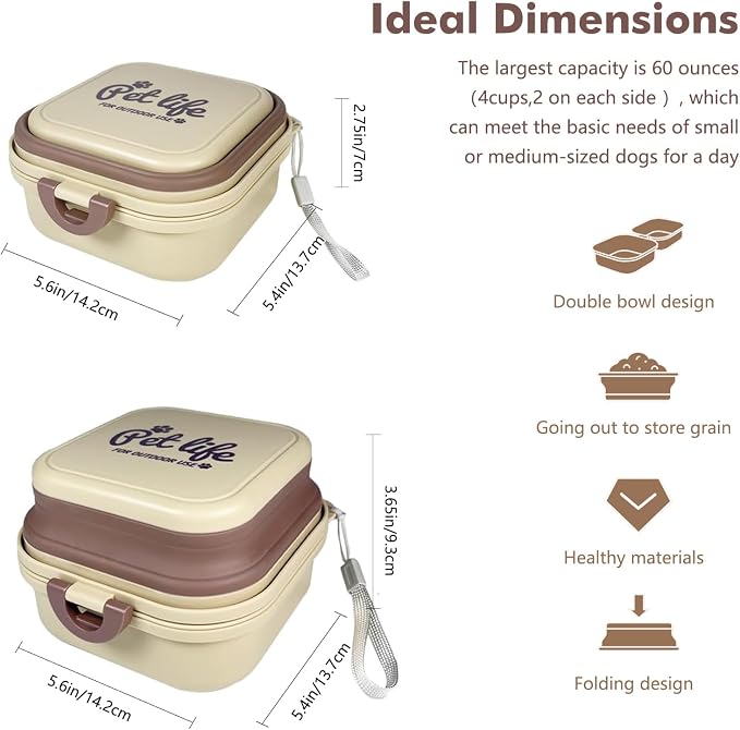 Collapsible Dog Bowls, Travel Food and Water Double Bowl for Cats & Dogs, 2-in-1 Portable BPA-Free Feeding Solution, Perfect for Traveling, Camping & Walking (S/ 60oz)