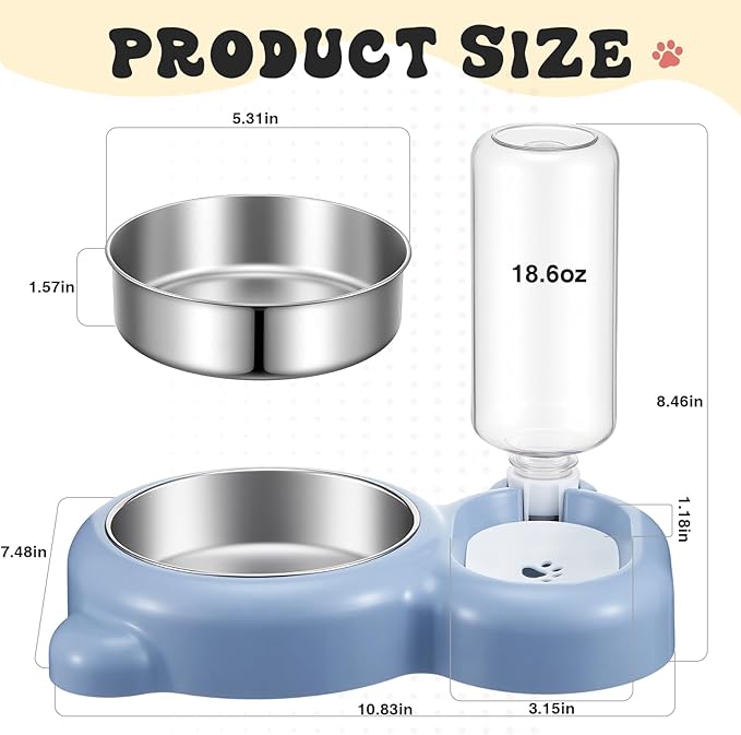 Blue Cat Food and Water Bowl and Non-Slip Silicone Mat Set Stainless Steel Food Bowl with 18.6oz Large Capacity Water Dispenser for Cats and Small Dogs