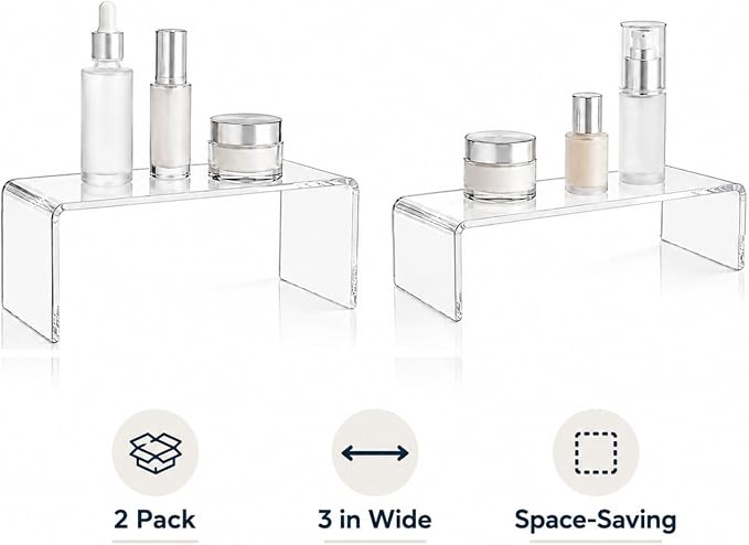 2 Pack Acrylic Medicine Cabinet Organizer Clear Shelves 2 Sizes | Includes 1 Small 11.4 x 3 x 3.7 Inch and 1 Large 11.4 x 3 x 5.1 Inch Shelf with 2 Non Slip Pads