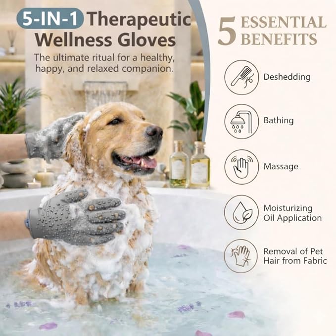 Dog Bathing & Grooming Gloves with Water-Drain Design – Silicone Pet Grooming Brush for Dogs & Cats, Massage Bristles, Reduces Water Buildup, Easy Rinse, Shedding Control (Grey)