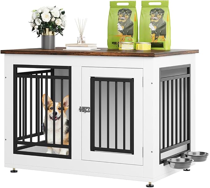 YITAHOME 35" Dog Crate Furniture, Wooden Side End Table with Adjustable Feet and Removable Bowls, Dog Kennel Indoor for Small Medium DogsV | Wooden Side End Table, Dog Kennel Indoor for Small Medium Dogs
