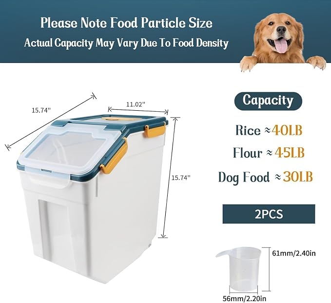 Saim 2Pack 50lb Flour & Rice Storage Container Bin, Dark Blue | BPA free plastic with seal lid, rolling wheels and measuring scoop for rice, flour, cereal and grain one-hand scooping