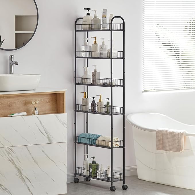6 Tier Slim Rolling Storage Cart, Mobile Shelving Unit with Wheels, Metal Wire Storage Rack with Baskets for Kitchen Bathroom Office Laundry Narrow Piaces (6in Slim Rolling Cart)
