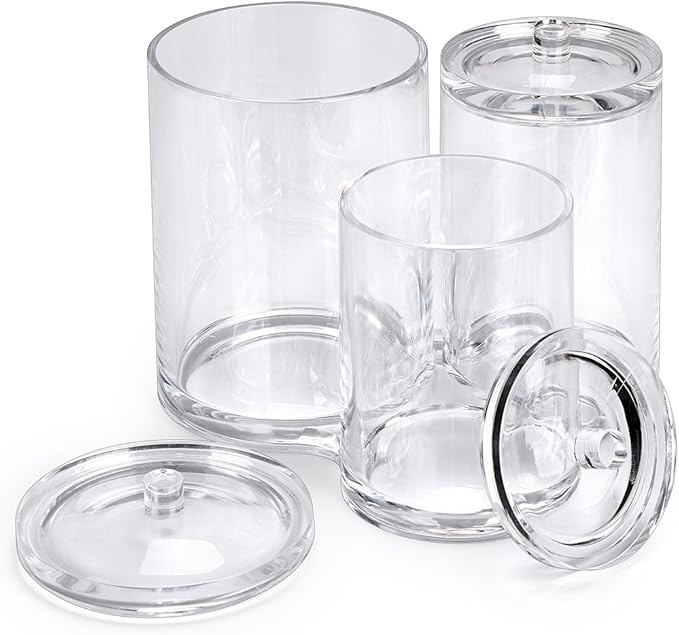 Hipiwe Clear Acrylic Cotton Swab Holder Cotton Round Container, 3 Slots | Cotton Pad and Ball Q-tip Organizer Case for Makeup Brush, Bathroom Apothecary Jar with Lid
