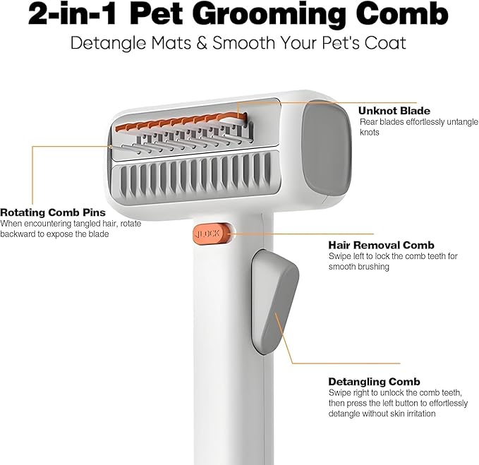 2-in-1 Pet Self-Detangling & Grooming Comb,Professional Deshedding Tool for Dogs or Cats, Gentle Undercoat Rake & Brush for Long or Short Hair, Removes Mats, Loose Fur (White*1)