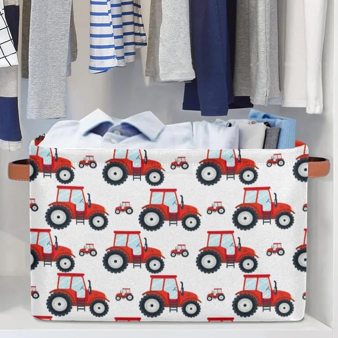 Red Tractor Rectangle Storage Basket Truck Car Foldable Storage Bin Cubes with Handles Large Organizer Bins Boxes Toy Closet Shelf Nursery Laundry Basket Home Decor