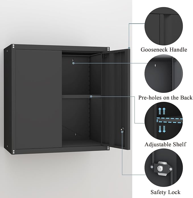 28" H Garage Storage Cabinet, Metal Garage Wall Cabinets with Doors and Shelves, Small Wall Mount Cabinet for Kitchen, Garage, Laundry Room, Pantry, Black