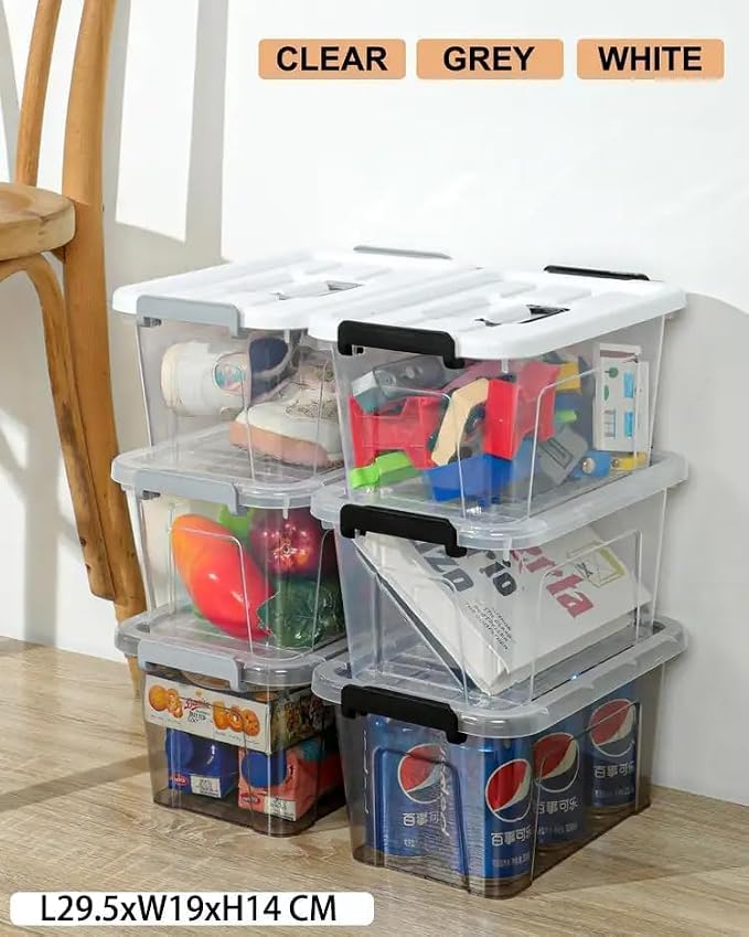 AREYZIN Plastic Storage Bins With Lids,6 Pack Storage Organizer Bins,7 Quart Stackable Storage container with Lid and Gray Handle Buckle Easy for Home Office Organization, with White Lids