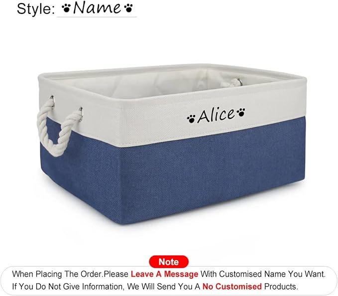 Pet Toy Storage Box Dog Toy Organizer Basket Personalized Large Capacity Collapsible Bin Two-Tone Linen Chest with Sturdy Handles for Living Room Pet Supplies Organizing (White Blue L)