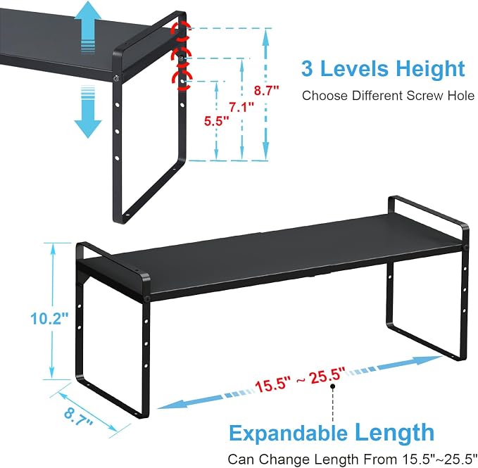 15.5 to 25.5 Inch Kitchen Cabinet Shelf Organizers, Adjustable Kitchen Counter Shelf Organizer, Set of 3 Expandable Countertop Storage Shelves, Stackable Design, 30LBS Heavy Duty, Space Saver