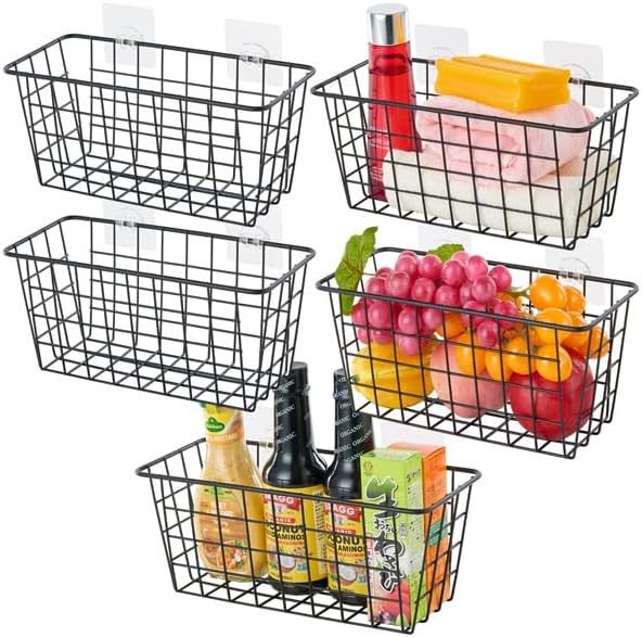 JUNCHU CHERRY 5 Pack Hanging Storage Basket, Bathroom Basket, Household Goods, with Traceless Tape, no Drilling, for Cabinet Storage, Kitchen, Bathroom, Storage Room,Black