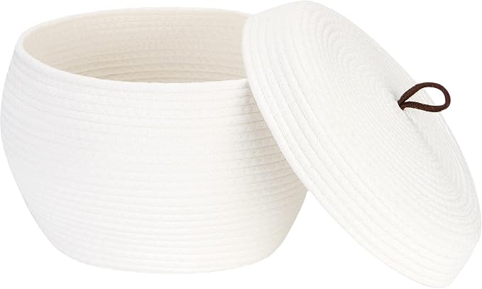 Sea Team Round Woven Cotton Rope Storage Basket with Lid, White | Lidded Knitted Decorative Storage Bin, Pot, Caddy, Organizer, Container for Snacks, Towels, Plants, 13 x 9 Inches