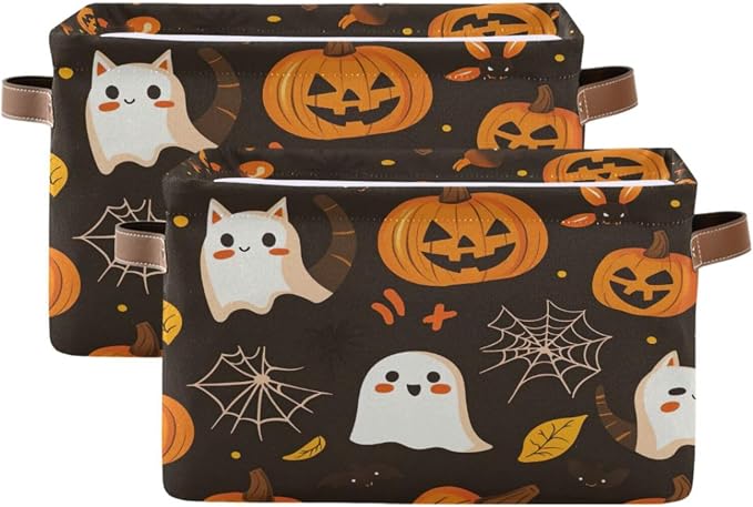 Kigai Storage Basket, Fabric Collapsible Closet Organizer Bin | Halloween Boo Pumpkins Waterproof Foldable Canvas Basket with Handles for Shelves, Nursery, Closet, Bedroom & Bathroom