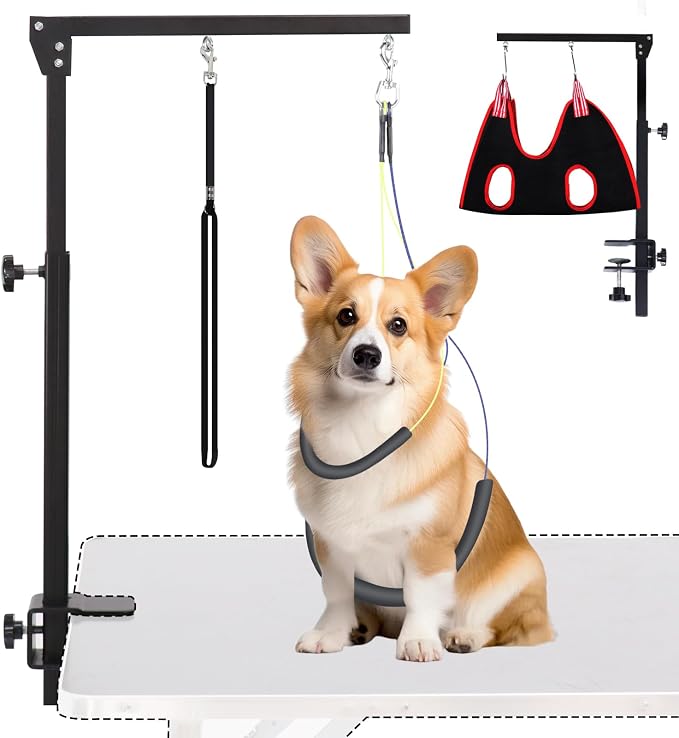 AGESISI Dog Grooming Arm with Clamp, 36" H for Small/Medium Pets, Black | Heavy Duty Pet Grooming Table Arm with Grooming Hammock, Loop Noose & Two No-Sit Haunch Holder, 36" Height Adjustable