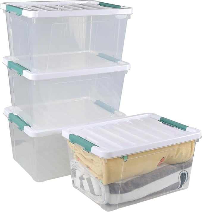 35 Qt Clear Plastic Storage Bins with Lids, 4-Pack Organizing Totes | Stackable Storage Boxes Organization for Garage, Closet, Kitchen, Durable Clear Containers for Organizing and Easy Viewing