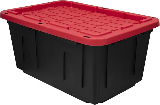 27 Gal Garage Storage Bin with Snap Lid, Lockable, Recycled, Black/Red
