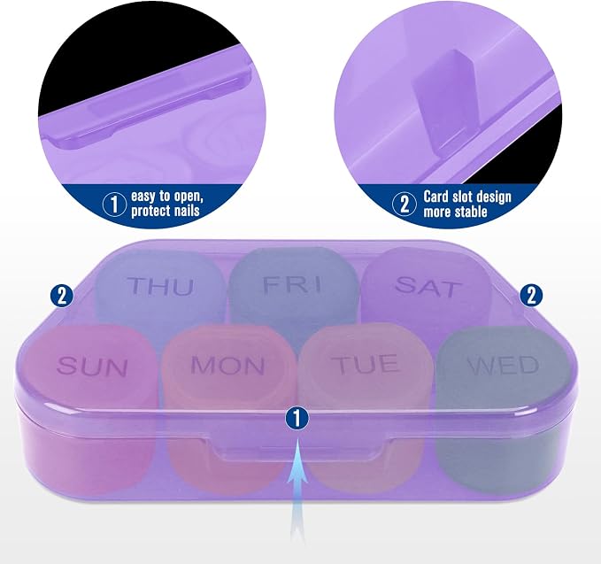 NatureTouch Weekly Pill Organizer, BPA Free Medicine Organizer Rainbow 7 Day Pill Box, Daily Portable Pill Conatainer for Pills/Vitamin/Fish Oil/Supplements [Lastest Version],Purple