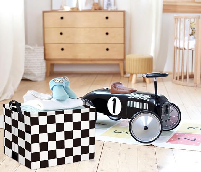 Rectangular Car Basket for Boys Checkered Basket Kids Baby Storage Bin Organizer Box Car Room Decor(Racing Flag)