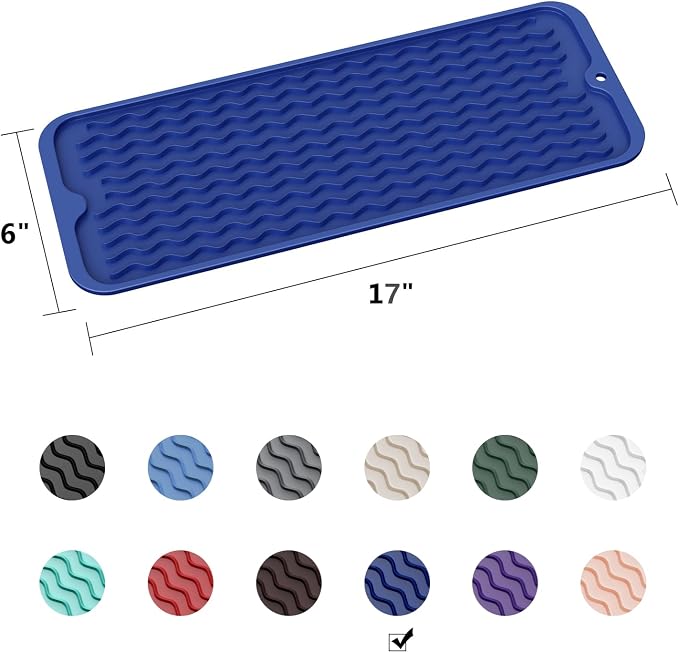 ZLR Small Dish Drying Mat for Kitchen Counter, 6"x17", Midnight Blue | Narrow Silicone Drainer for Apartment, Dorm & RV, Wavy Ridges Quick-Dry, Non-Slip, Rolls Up, Dishwasher Safe