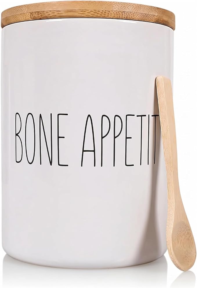 Arthausen Bone Appetite Dog Treats Ceramic Storage Jar Canister - Airtight Bamboo Lid w/Silicone Seal, Spoon - Modern Abstract Art Design for Kitchen Counter or Bathroom - 4 cup / 1080mL