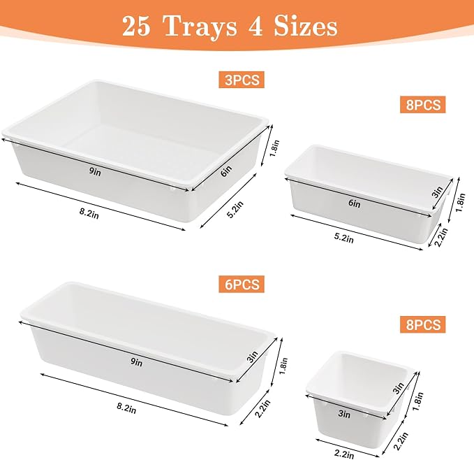 SpaceHacks 25 PCS Plastic Drawer Organizer, 4-Size Versatile Organizer Trays & storage Bins