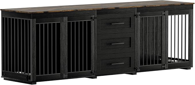 OUYESSIR 94.5" Large Dog Crate Furniture for 2 Dogs, Double Wooden Dog Kennel Furniture with 4 Dog Bowls & 3 Drawers, Heavy Duty Indoor Furniture Style Dog Cage TV Stand/Table/House (Black)