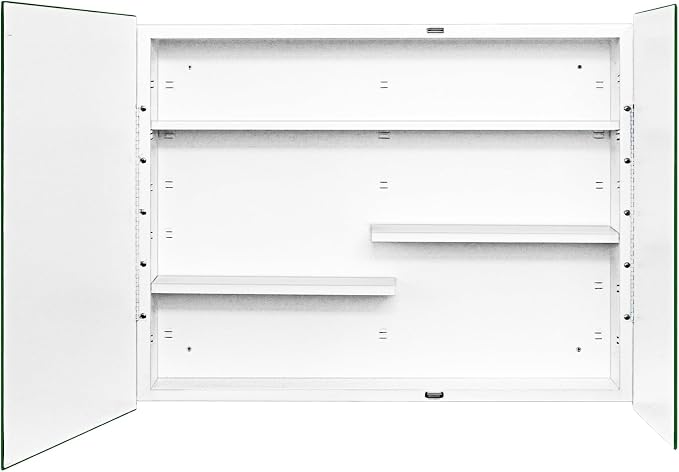 White Metal Double Door Medicine Cabinet 30 x 24 Beveled Mirror, Wall Mount | Double Door Metal Mirror Cabinet with Adjustable Staggered Shelves, Piano Hinge, Fully Assembled, Recessed / Surface Mounting