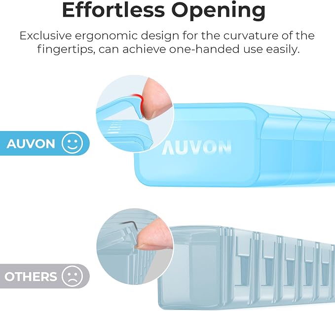 AUVON Weekly Pill Organizer with Effortless Opening Design, BPA-Free | Arthritis Friendly Pill Box, Cute Pill Organizer 7 Day, Portable Pill Case for Vitamins, Supplements and Medications, Blue
