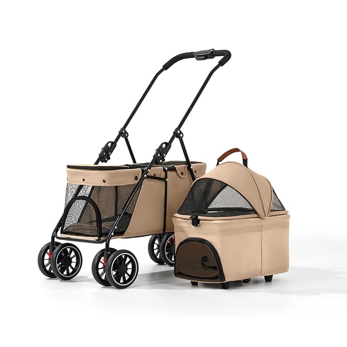 YYW Double Pet Stroller Foldable 2 Carriages Lockable Wheels Khaki | Travel Strolling Cart, Top Detachable Carrier, Ideal for Multi-Pet Families, Small Dogs & Cats, Outdoor Walks & Vet Visit