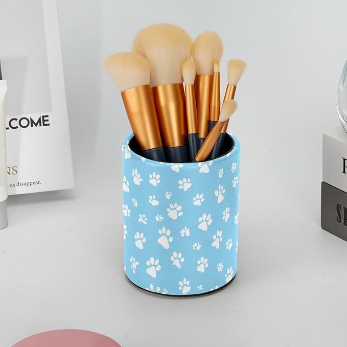 Faux Leather Pen Holder for Desk, Pencil Organizer Pet Paws Pen Cup Desk Decor Makeup Brush Holder Storage for Office Home