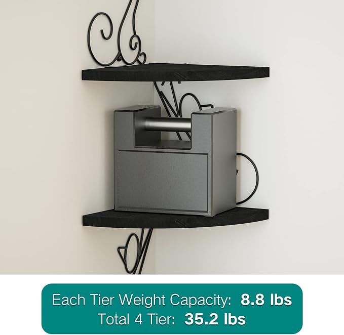 Alsonerbay 4-Tier Cat Shaped Corner Floating Shelf Wall Mount, Black | Curved solid wood, 35.2 lbs total capacity, reinforced metal bracket, rustic decor, for bedroom, living room & kitchen