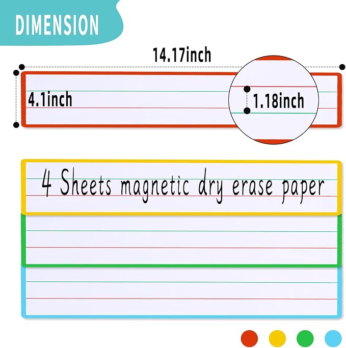 4 Sheet 14.2×4.1inch Dry Erase Magnetic Sentence Strips for Classroom Whiteboard & Fridge Handwriting Lined Paper for Home Teacher Must Haves Word Alphabet Practice Tool