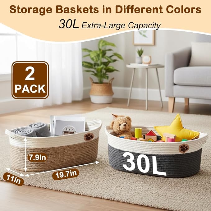 SZEE 2 Pack 30L Large Dog Toy Basket, Nursery Blanket Storage Basket for organizing, Woven Blanket Storage for Living Room, Laundry Basket with Triple-Reinforced Handles, 19.7"×11"×7.9", Brown+Gray