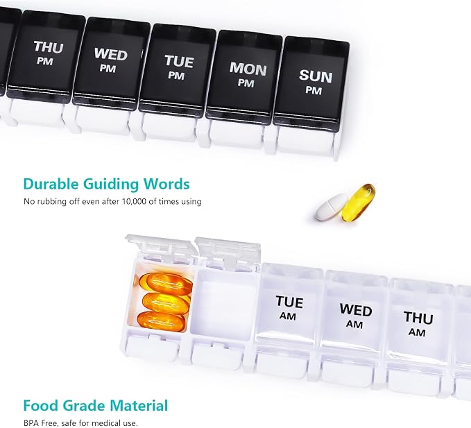 Large Pill Boxes and Organizer 2 Times a Day, MOLN HYMY 7 Day AM PM Pill Case, 14 Compartments Pill Dispenser to Hold Big Vitamin Supplements Fish Oil (Black+White)