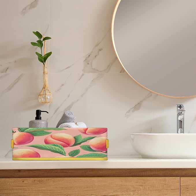 Watercolor Peaches Bathroom Storage Basket Waterproof Foldable Storage Bins with Handles Decorative Toilet Paper Storage Basket for Organizing for House Bathroom Toiletries