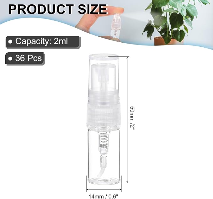 PATIKIL 2ml Glass Mini Perfume Sample Bottles, 36 Pcs Fine Mist Refillable Empty Mini Spray Bottle Fragrance Sample Bottles Sprayer for Perfume Travel Liquid Essential Oil, Clear