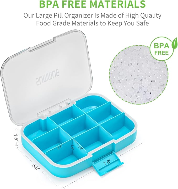 Large Pill Organizer, 9 Compartments Portable Travel Pill Box Case Moisture Proof, XL Pill Container Holder for Vitamins, Cod Liver Oil, Supplements, Medication (Blue)