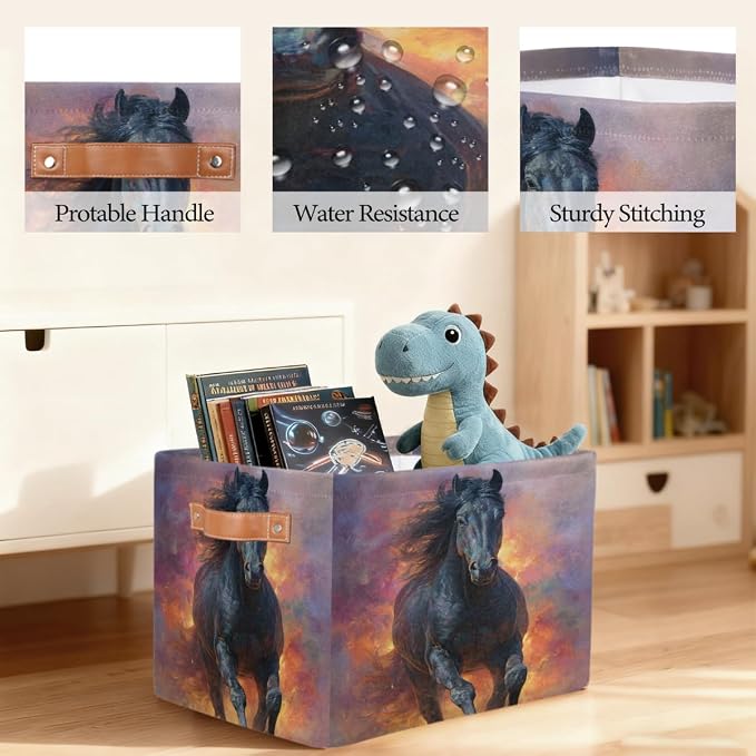 Pardick Storage Baskets Bin, Flame Animals Horse Collapsible Canvas Fabric Storage Bin Decorative Baskets Toy Organizer Rectangle Storage Boxes with handles for Home Shelves Nursery,Q-13