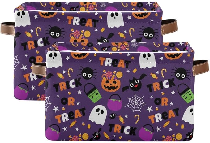 Happy Halloween Purple Storage Basket Fabric Kitchen Baskets Pumpkin Skull Ghost Bat Trick or Treat Open Home Storage Bins Boxes Foldable for Candy Toy Decorations Baskets 2 Pack 16×12×8 Inches