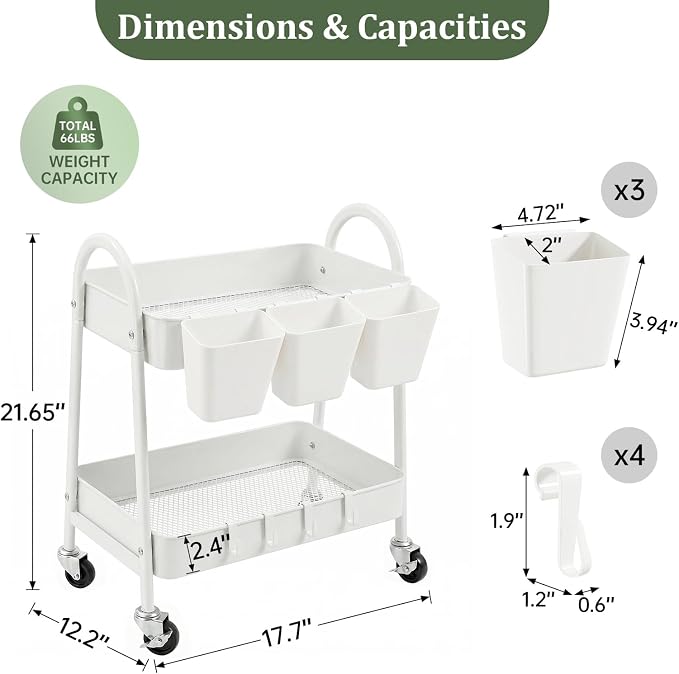 danpinera 2-Tier Rolling Cart, Utility Cart Mobile Metal Rolling Storage Cart with Lockable Wheels & Hanging Cups & Hooks for Kitchen, Bathroom, Office, Workshop, Purple