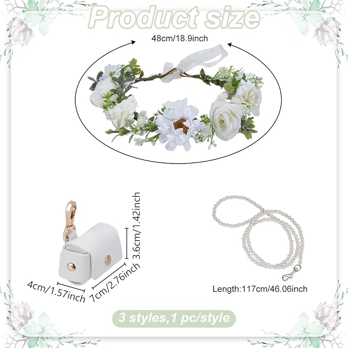 FREEBLOSS 3Pc Dog Wedding Pearl Leash Collar Dog Weddings Flower Ring Storage Bag for Dog Collar Dog Wedding Attire Wreath Bow Pet Photo Prop Dog Collar Ring Bag Dog Wedding Accessories