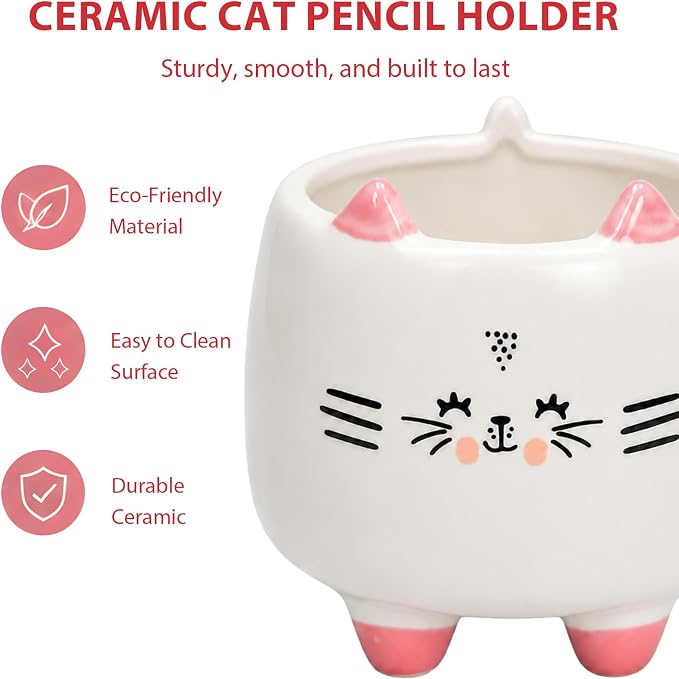 Ceramic Cat Shaped Pen Pencil Holder for Desk Decoration Accessories Cat Decor Makeup Brush Pen Cups Office School Ideal Gifts for Women, Mom or Birthdays
